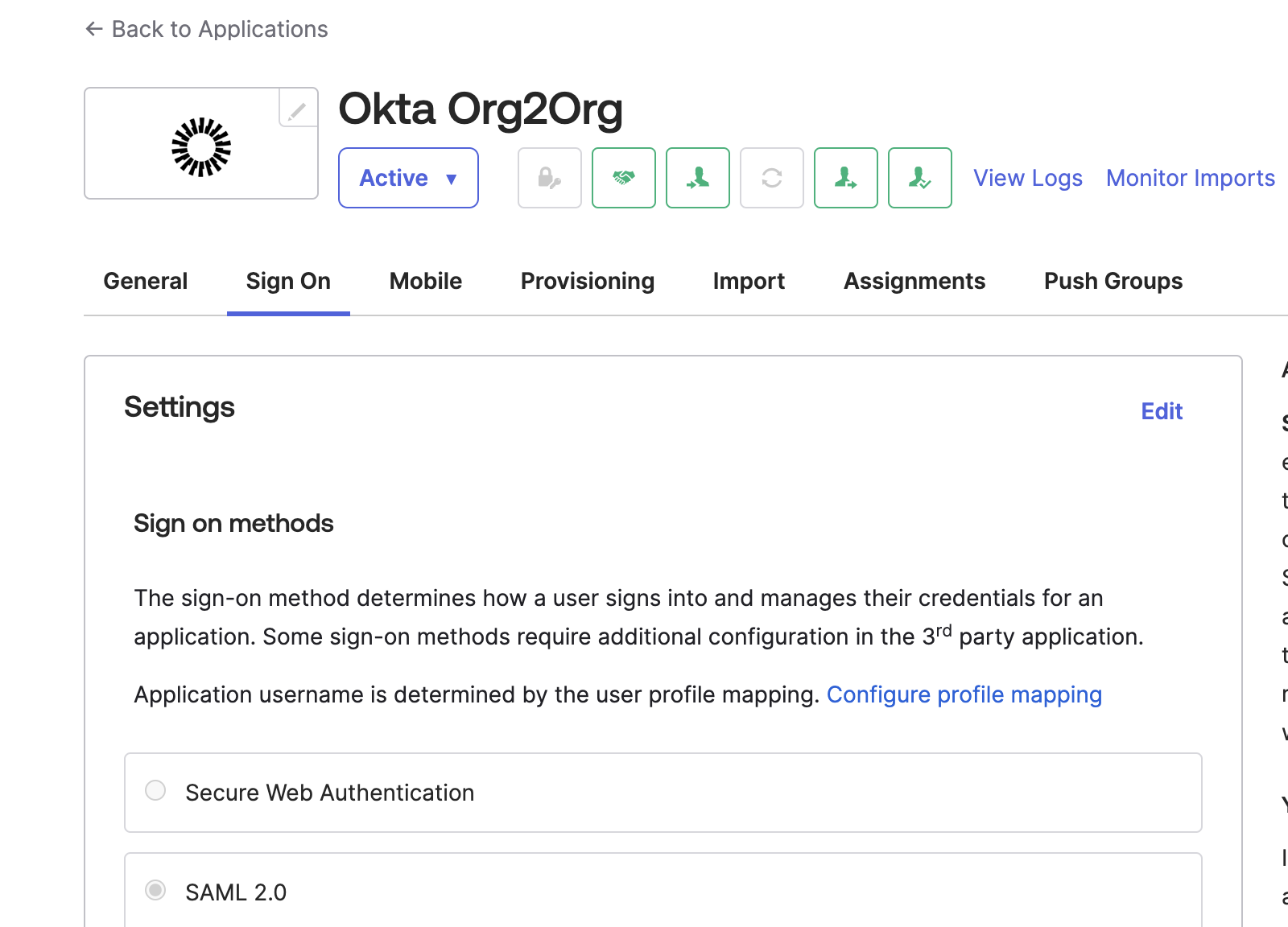 Org2org App - Sign On tab