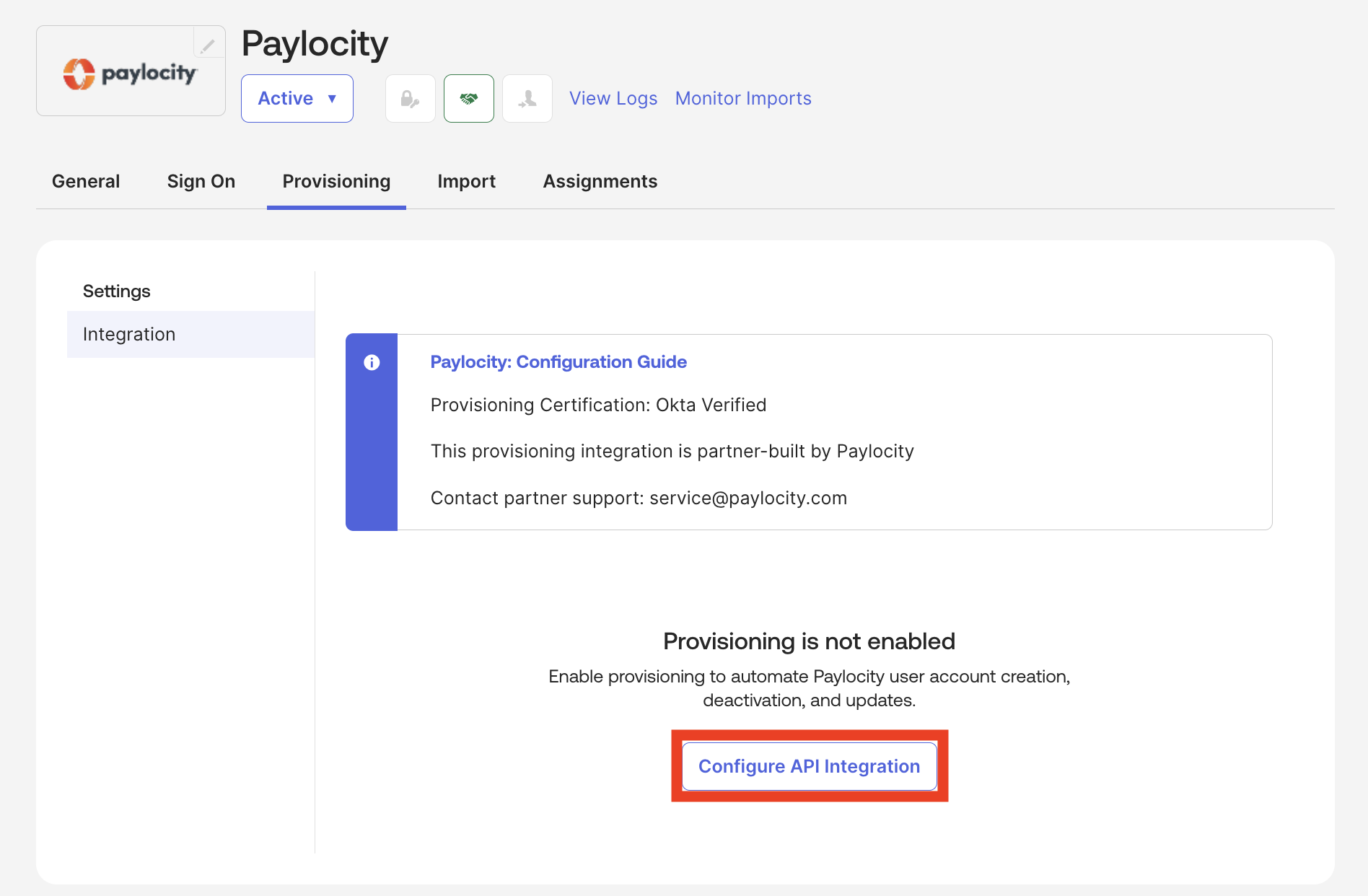 "Configure API Integration" button