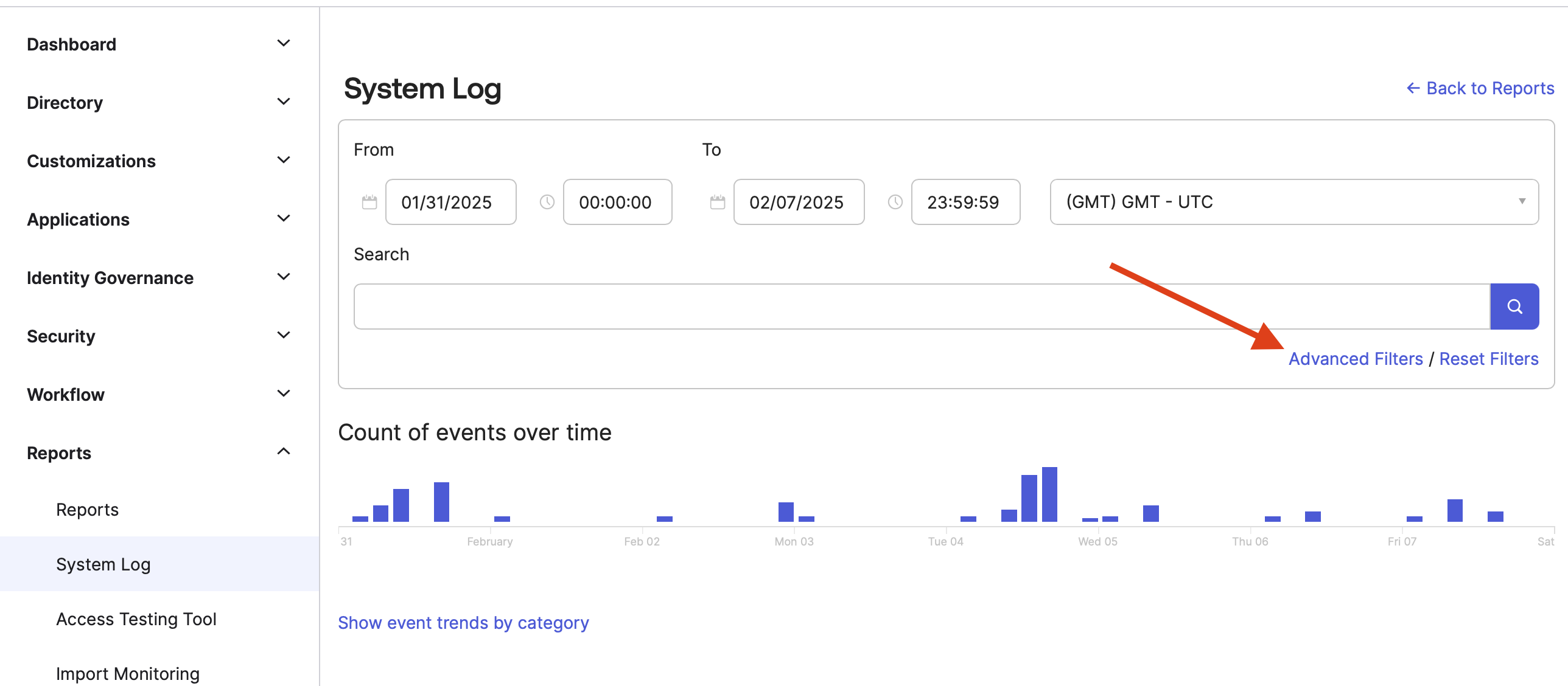 Screenshot of the location for the Advanced Filters menu in Okta System Log