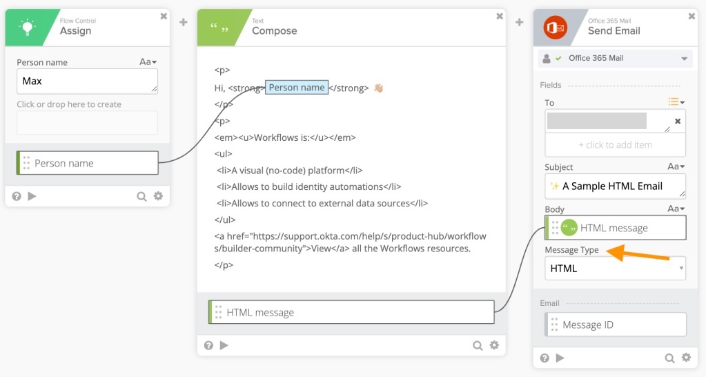 Sending HTML email with the Office 365 Mail card