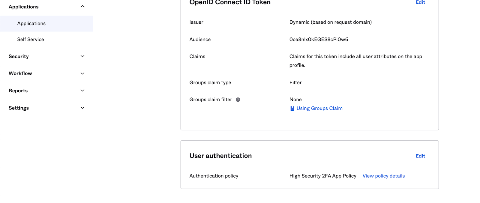 Sign On&nbsp;tab for a specific application