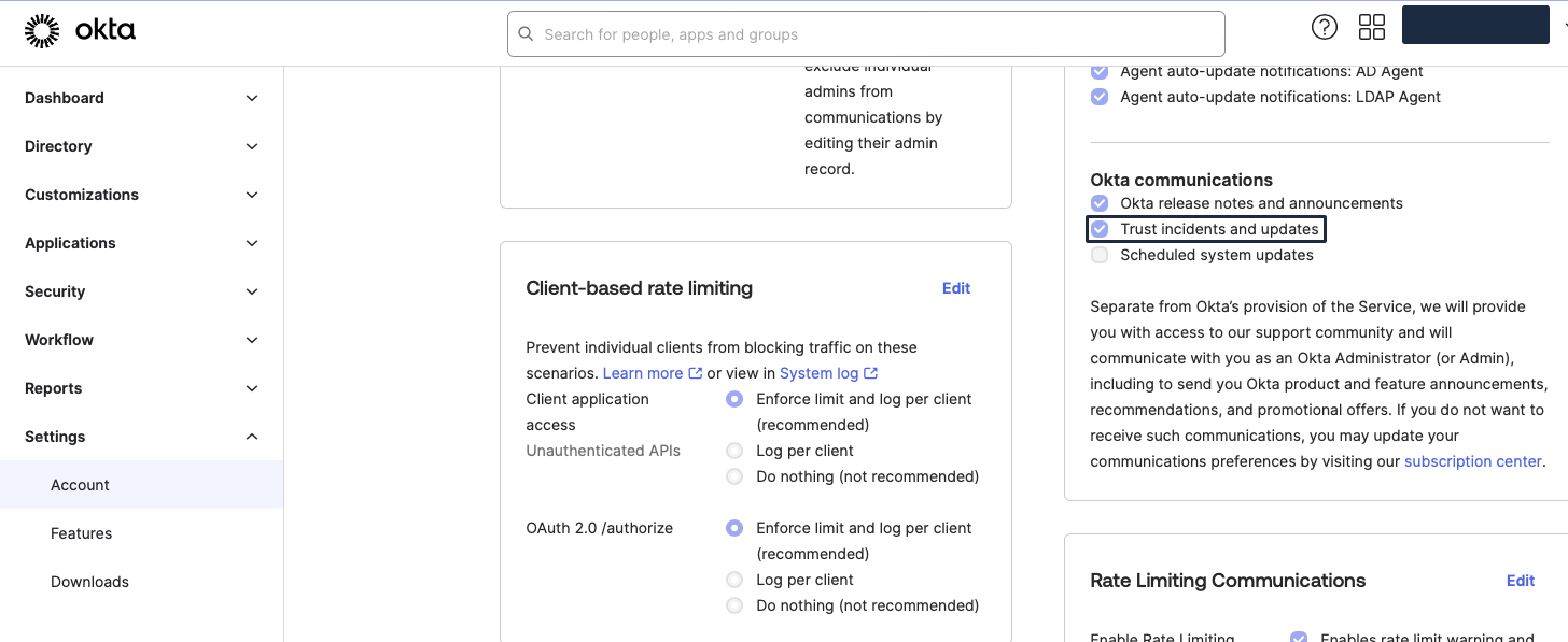 Okta Dashboard - Trust Incidents and Updates Checkbox