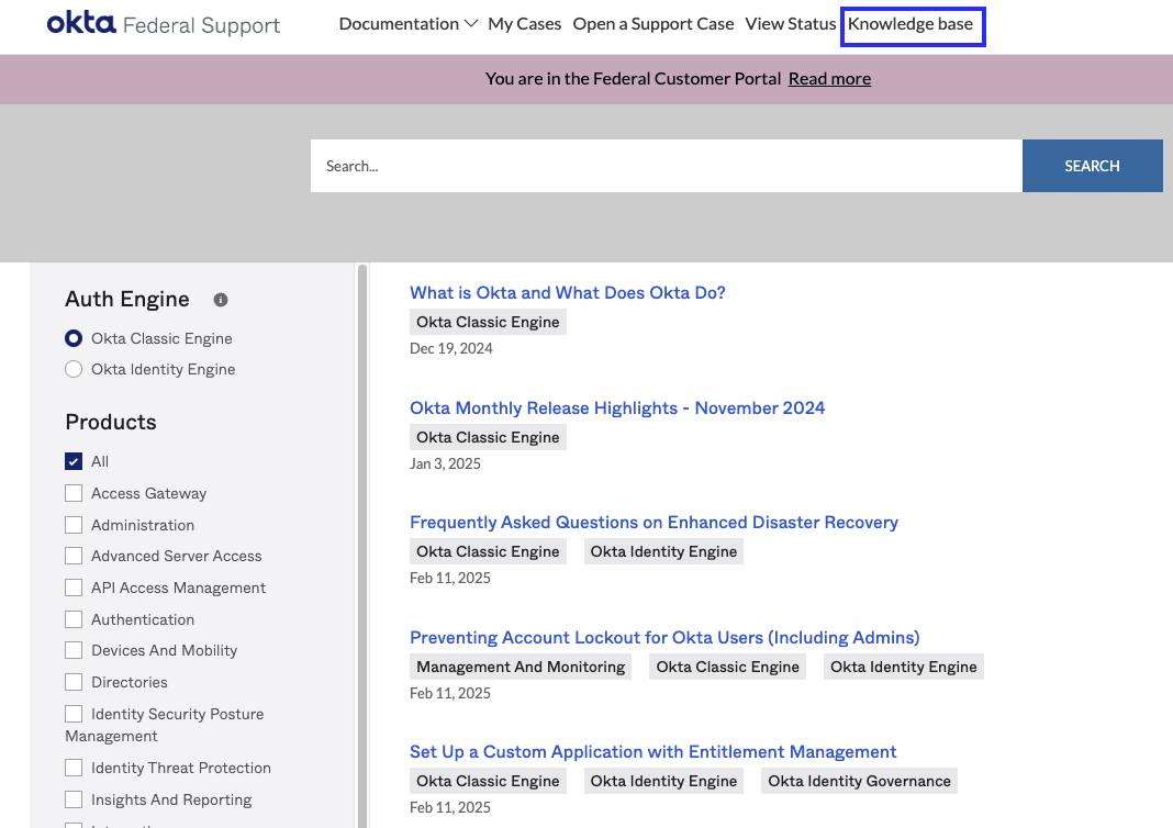 Knowledge Base Tab on GovCloud Okta Help Center