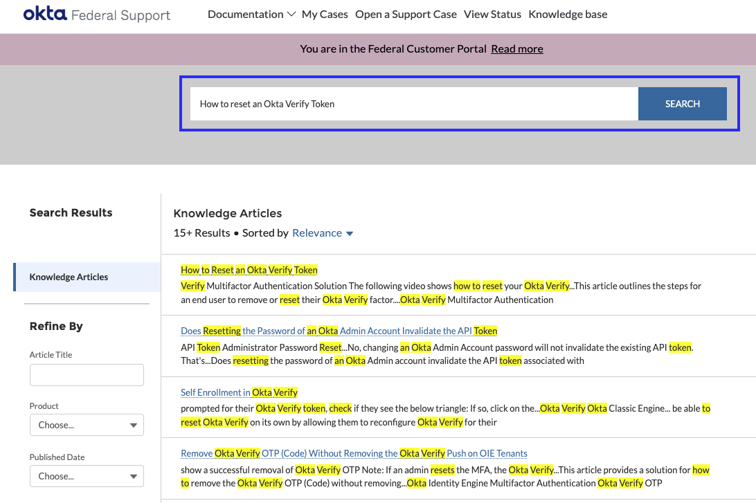 Searching for Knowledge on the GovCloud Okta Help Center