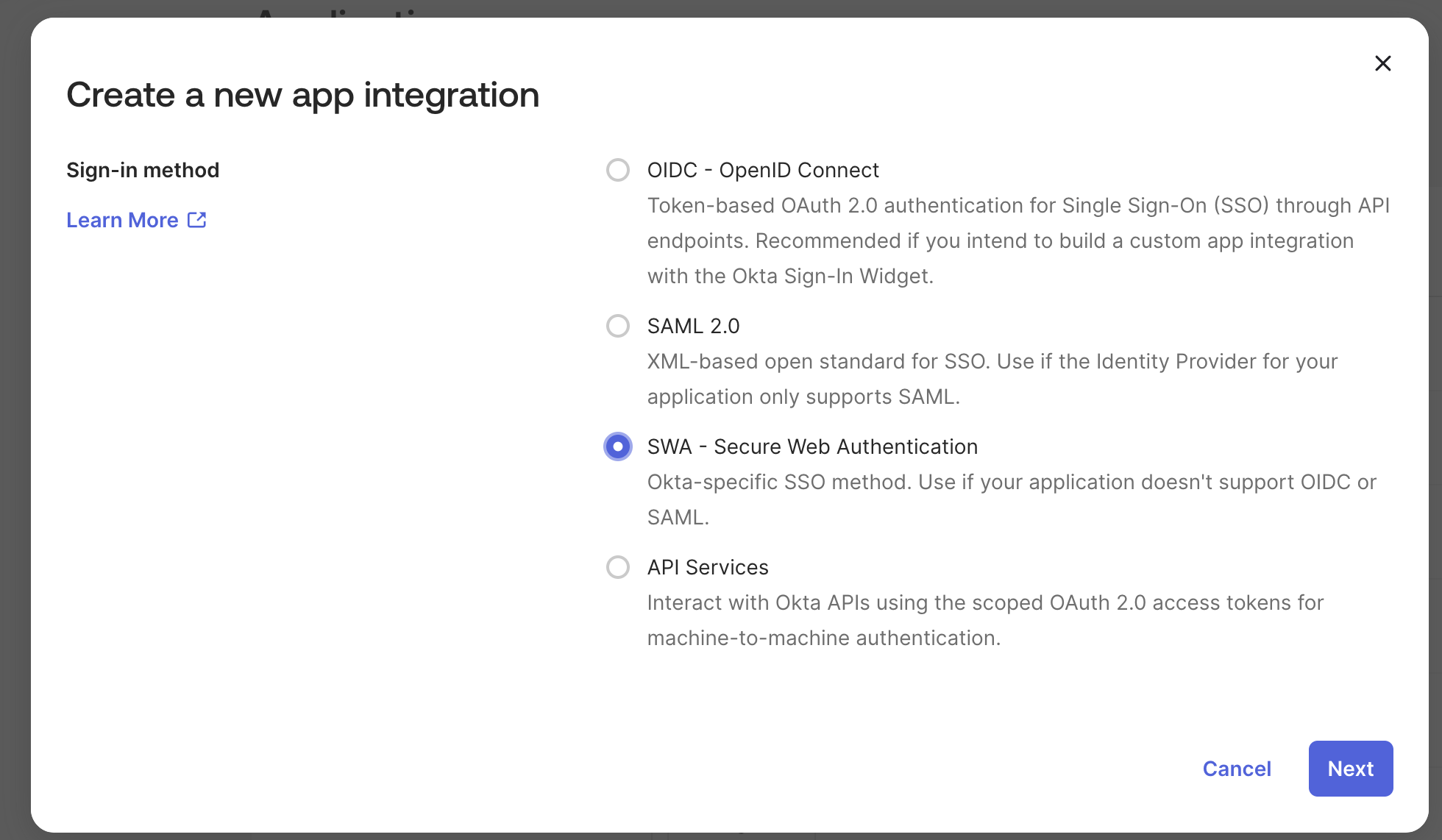 Create a new app integration