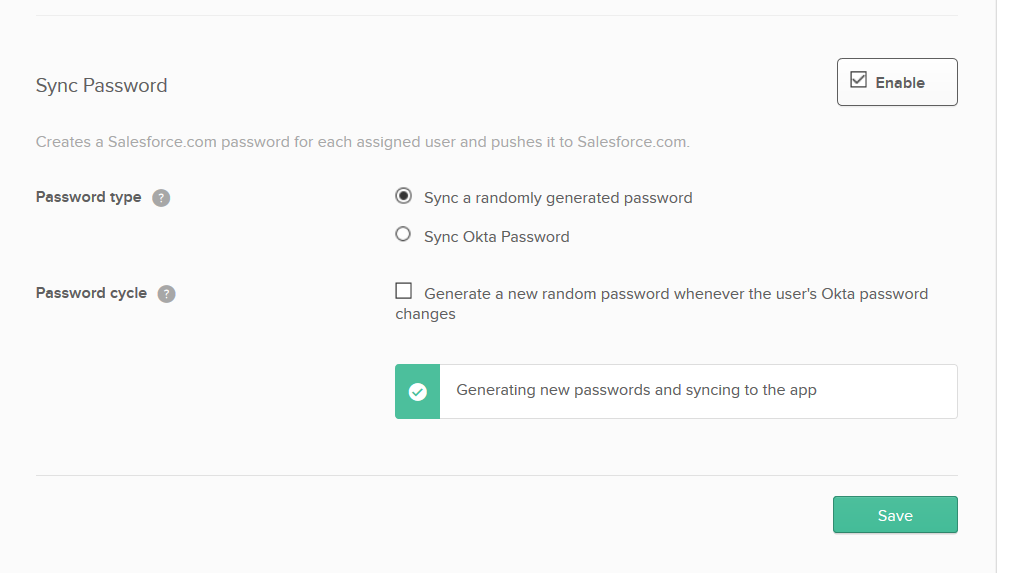Sync Password section that displays the message 'Generating new passwords and syncing to the app.'