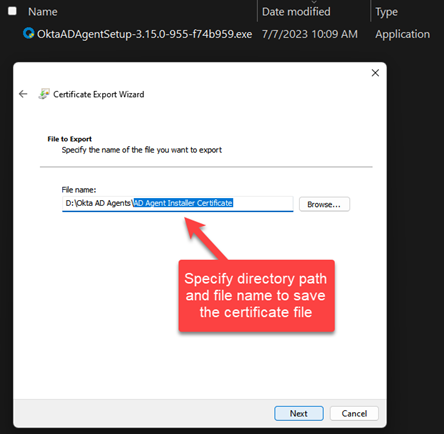 Specify file name and location to save the certificate file