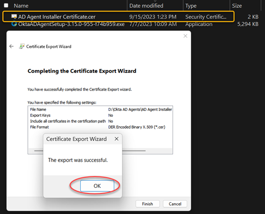 Click OK and certificate file has been exported and created