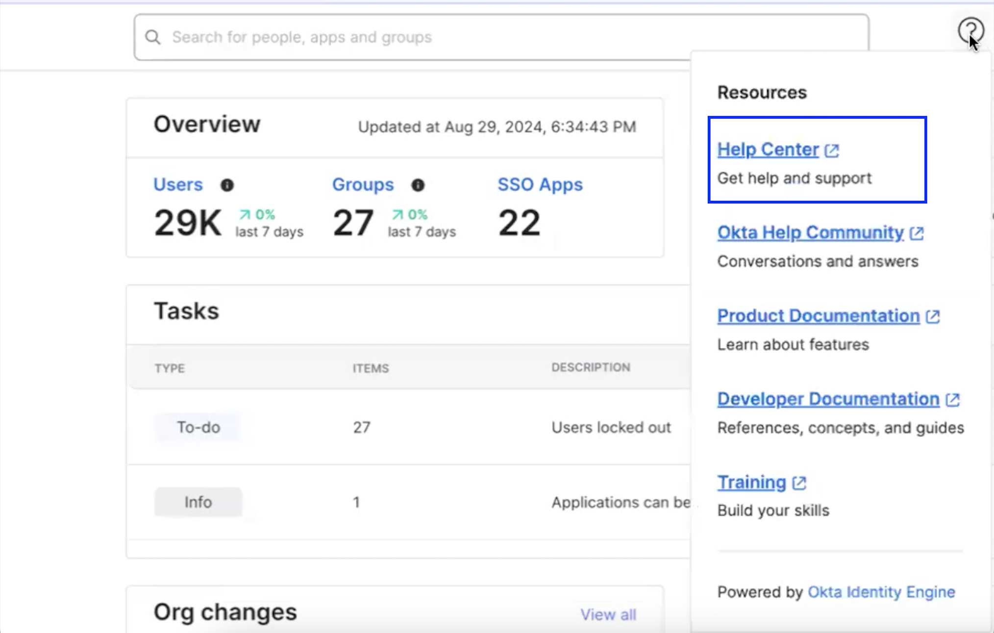 Click the “?” icon in your Admin Console and go to the Okta Help Center
