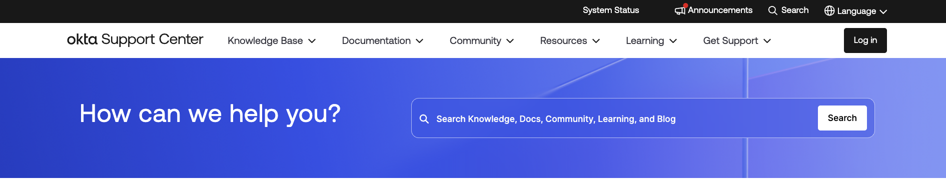 Okta Support Center Log In button