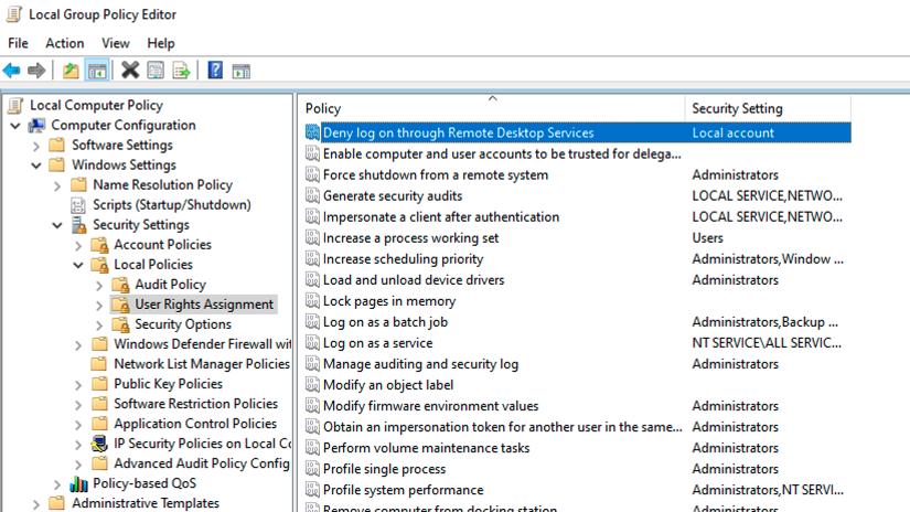 Deny log on through Remote Desktop Services