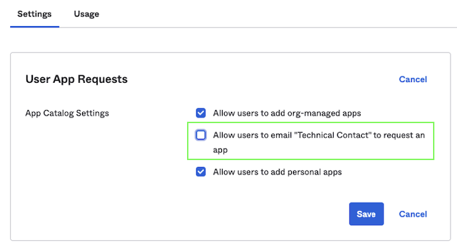 Box for "Allow users to email "Technical Contact" to request an app"