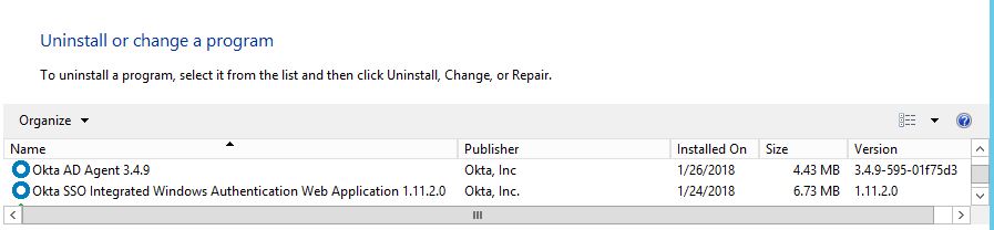 Windows Add or Remove Programs Okta agents