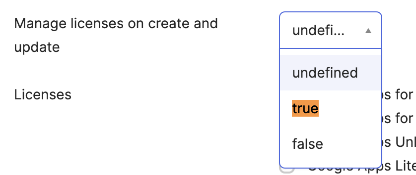 Manage licenses on create update drop-down menu.