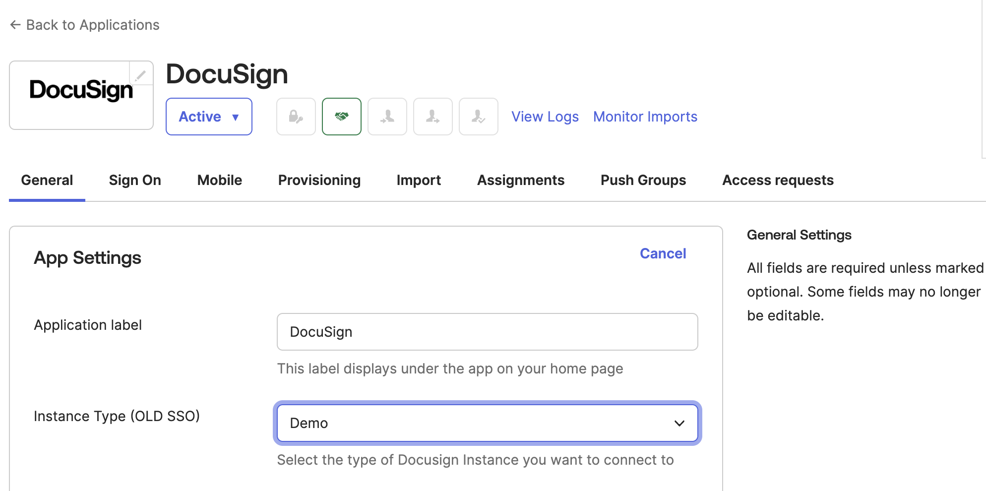 General tab in DocuSign