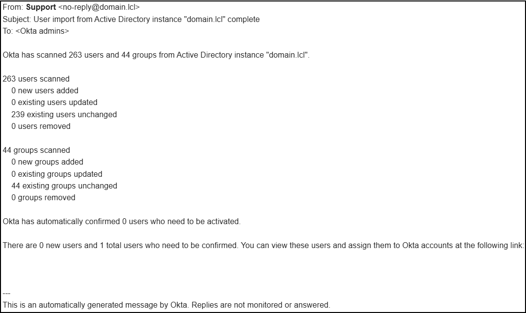 Example Import Notification Email - Displays users and groups imported and changed