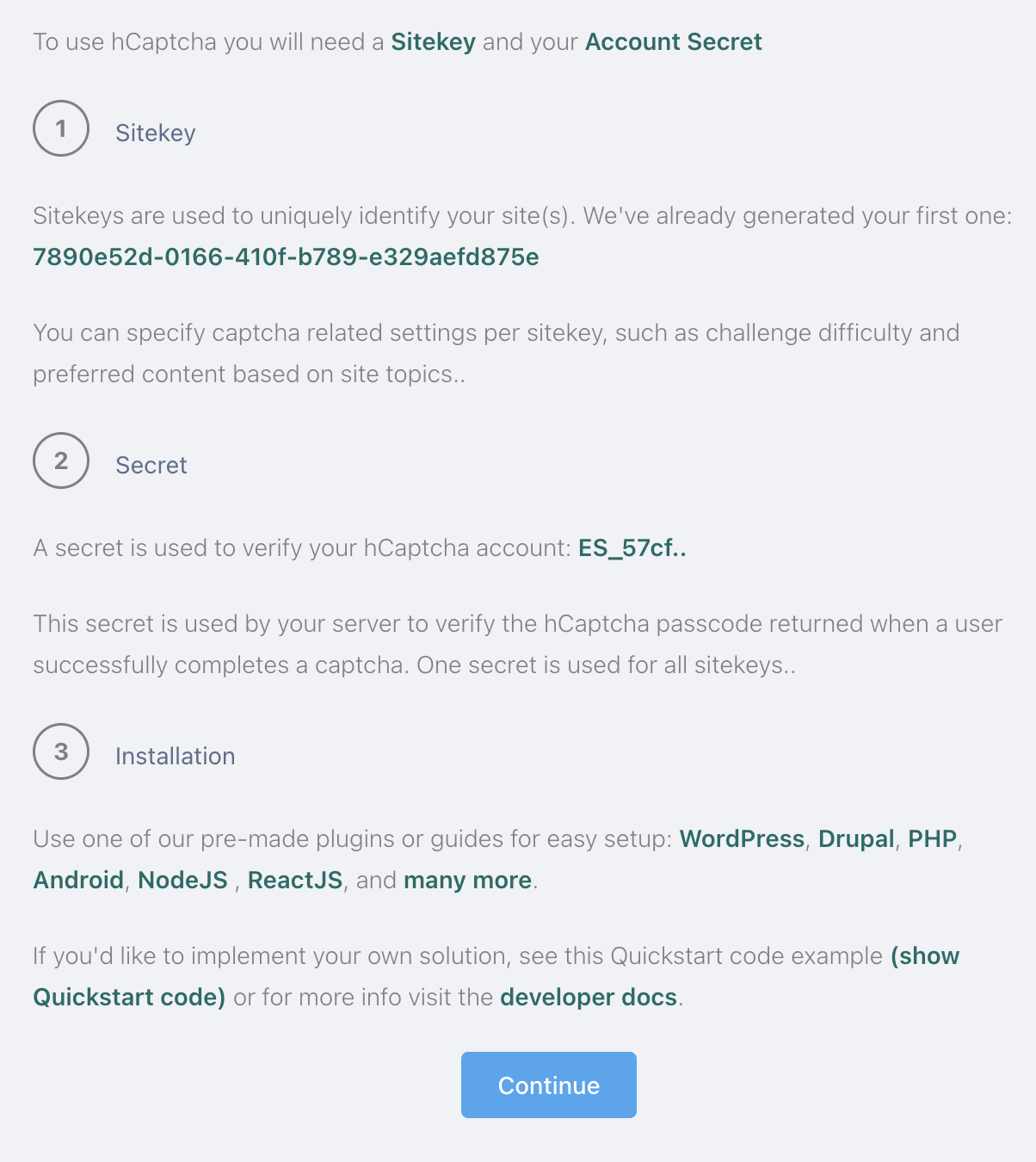 Sitekey and Secret configuration