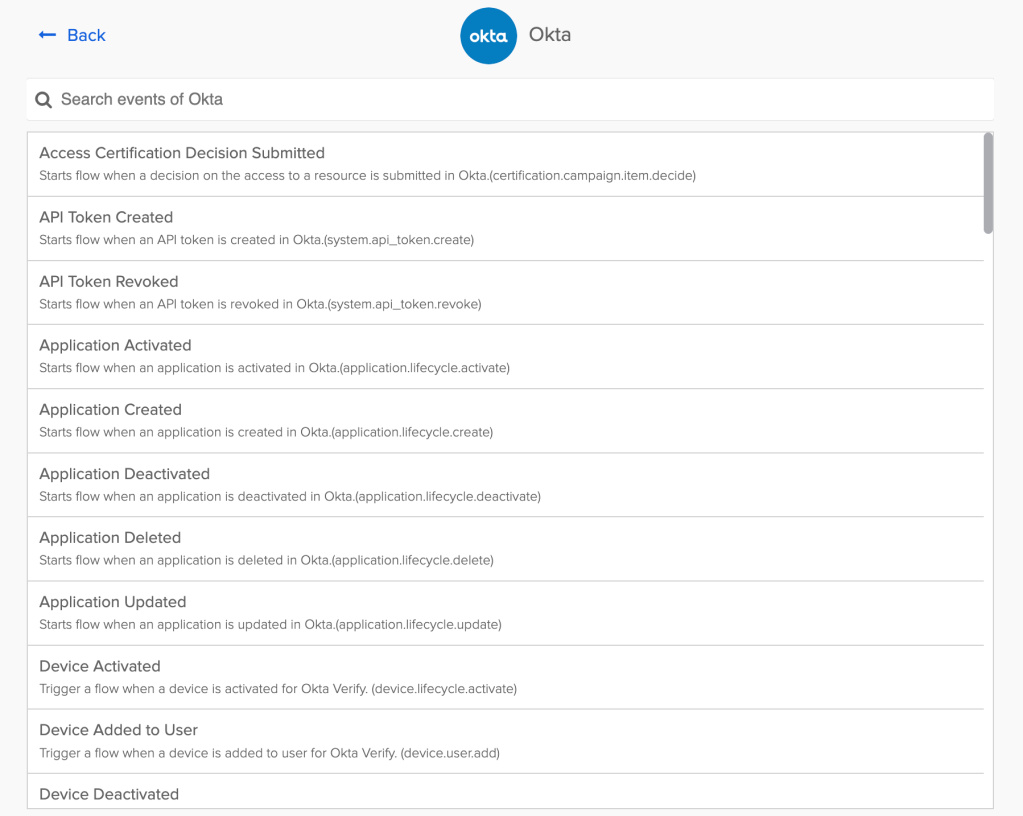 Events available from the Okta connector