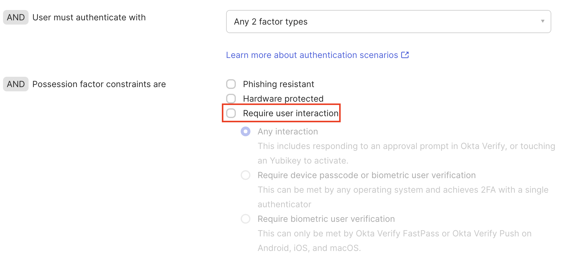 "Require user interaction" option