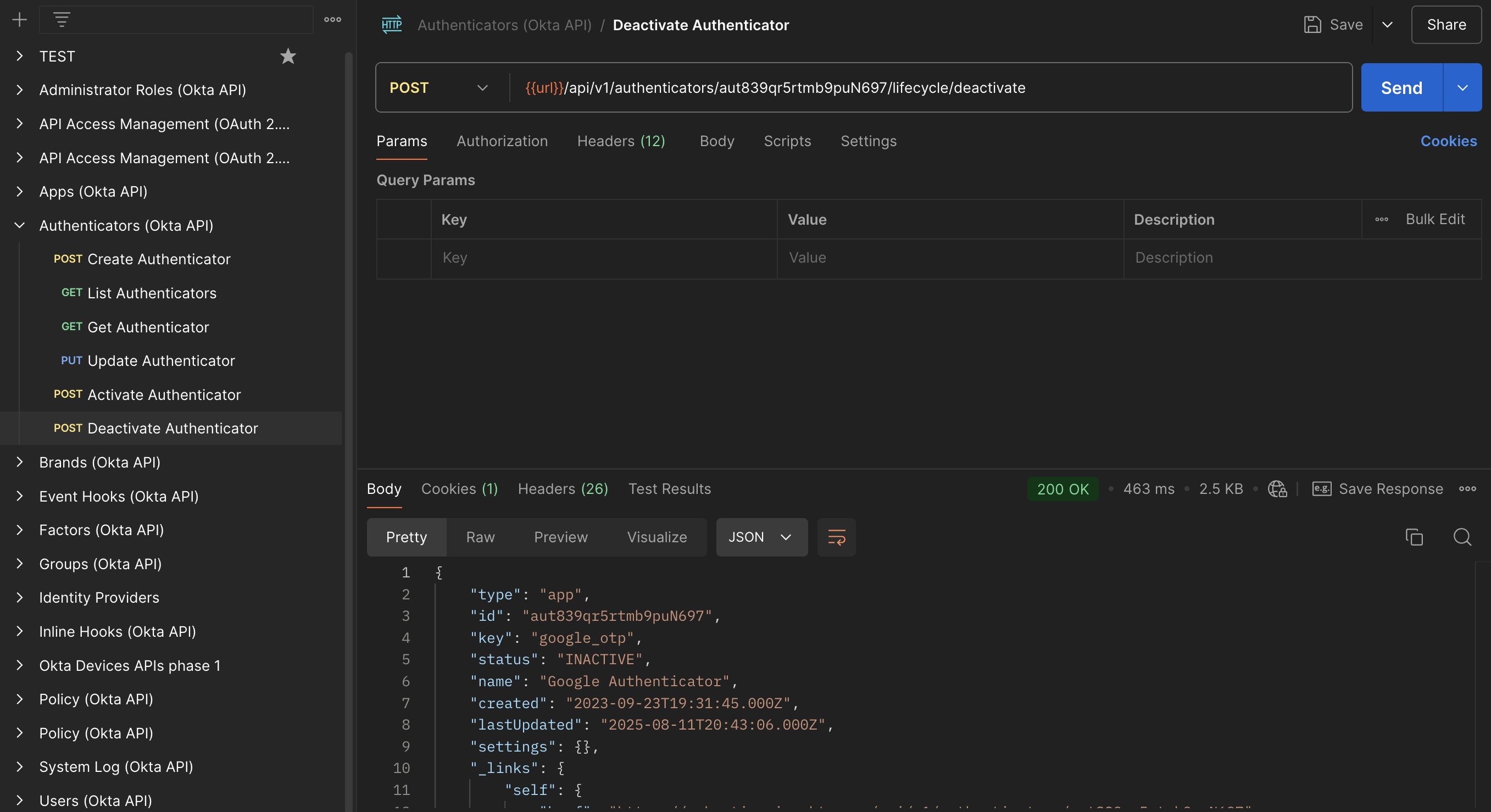 Example of successful authenticator deactivation