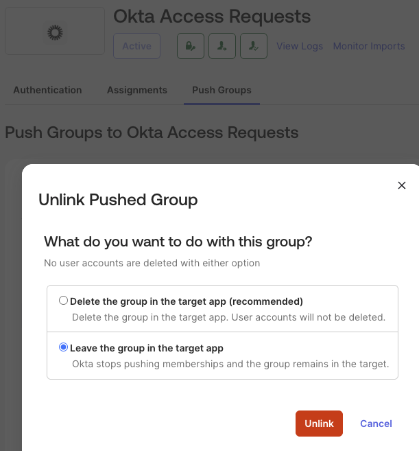 Unlink Pushed Group