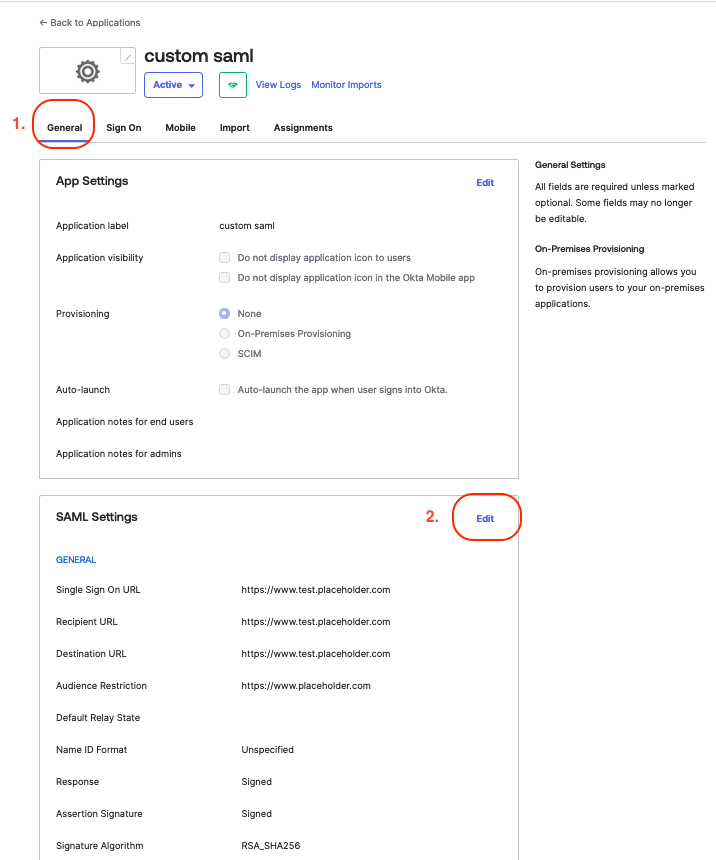 Custom SAML App Settings