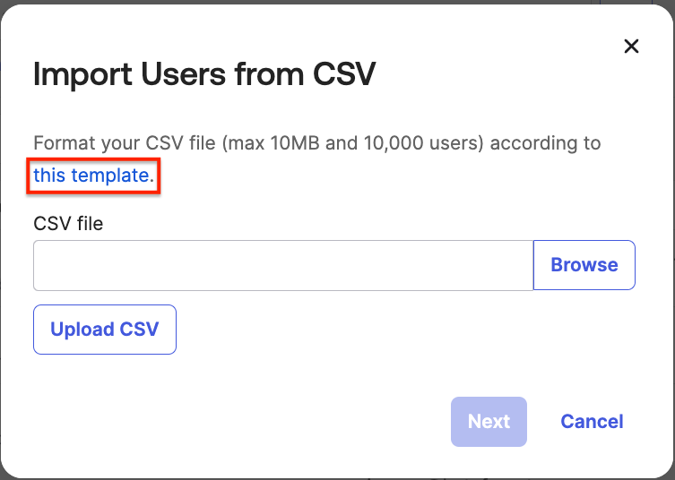Import Users from CSV&nbsp;window