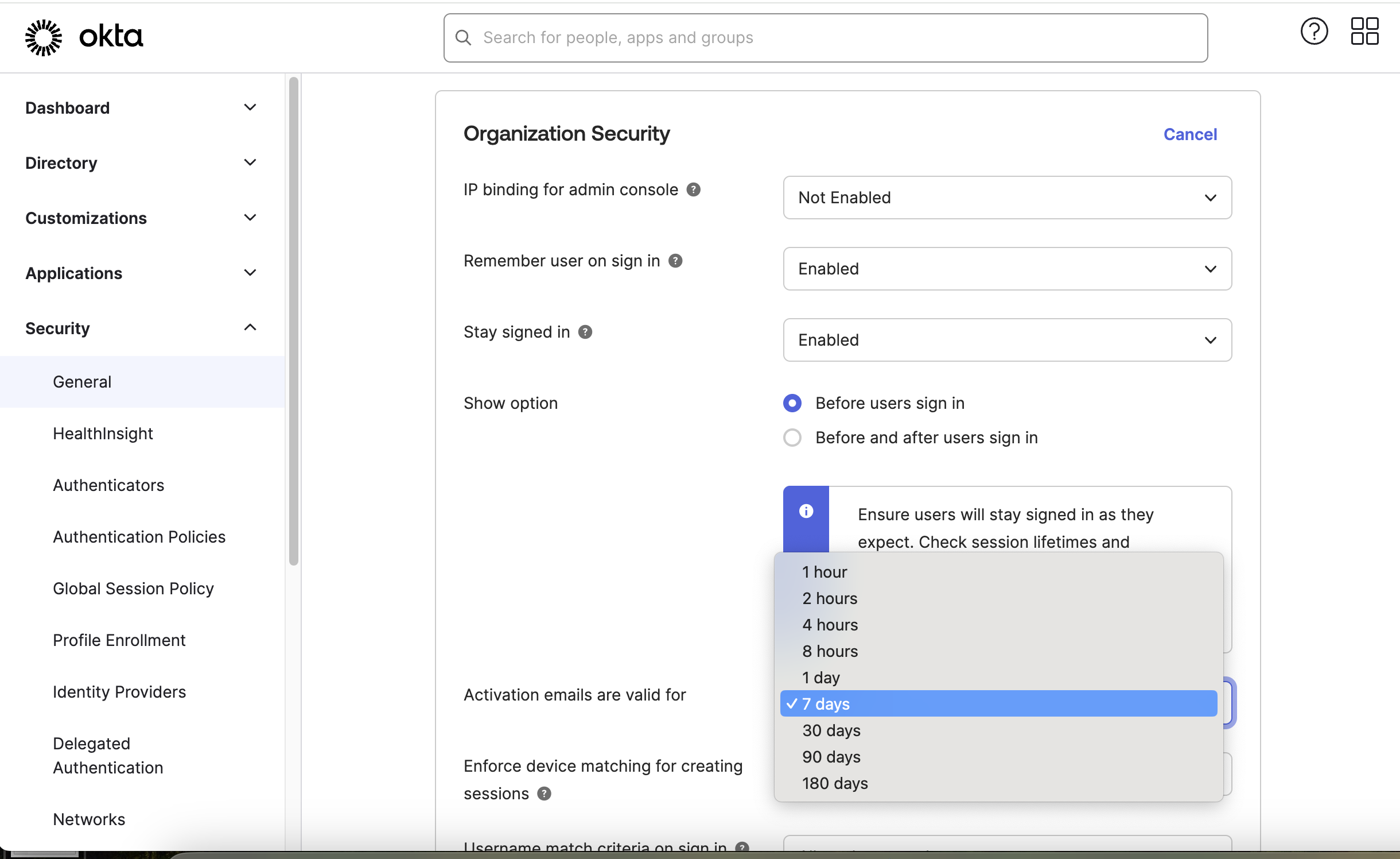 "Activation emails are valid for"&nbsp;option