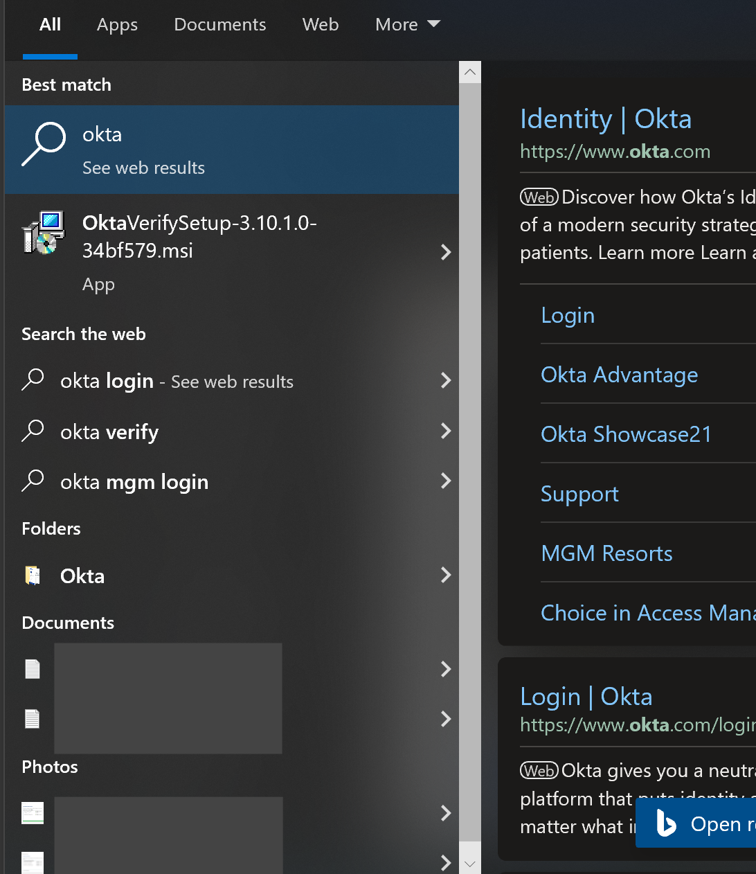Windows Start Menu - no Okta Verify