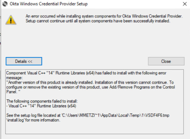 Okta Support - RDP MFA - Agent Displays C Runtime Libraries Install Error