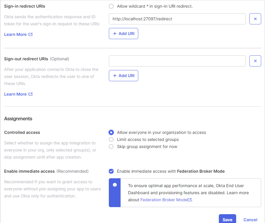Checkbox for "Enable immediate access with Federation Broker Mode"
