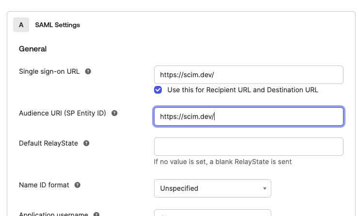 SAML Settings' fields