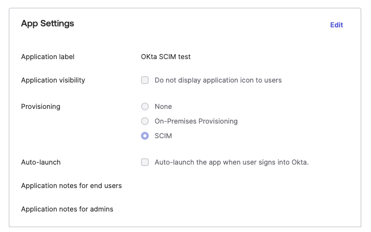 App Settings with SCIM chosen for Provisioning