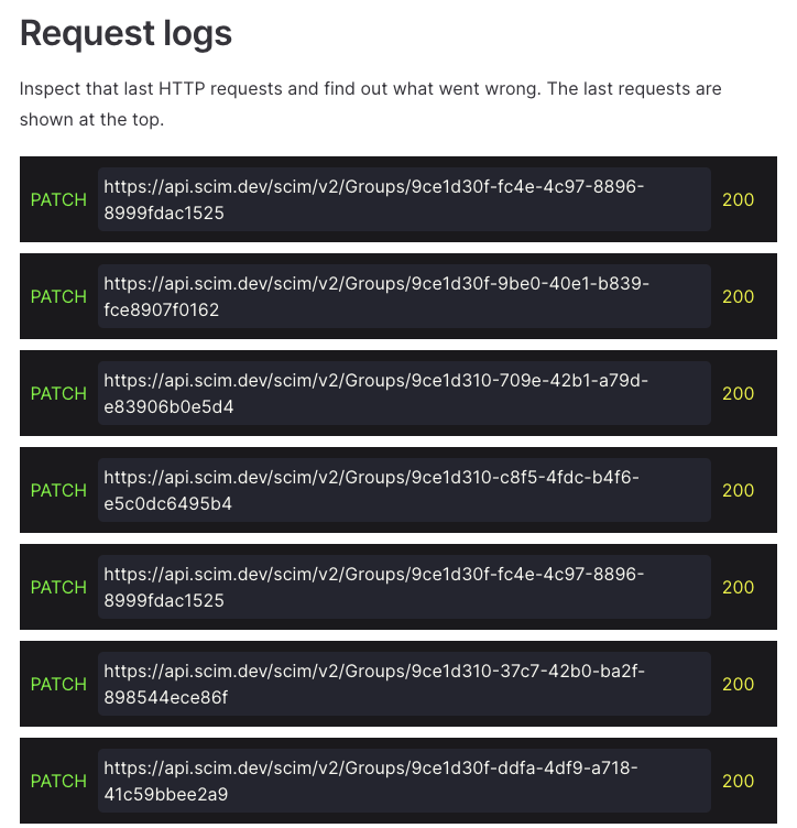 example HTTP Logs in SCIM Playground