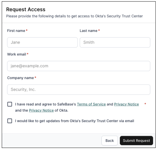 ［Request Access（アクセスのリクエスト）］ - OktaのSecurity Trust Center