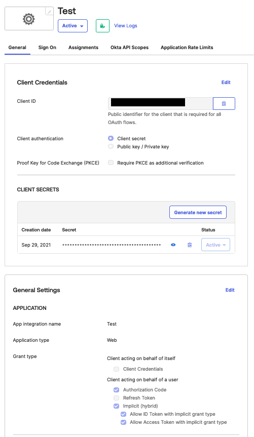 OpenID Connect application > General Settings