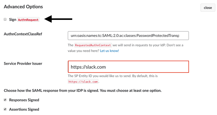 "Sign AuthNRequest” option