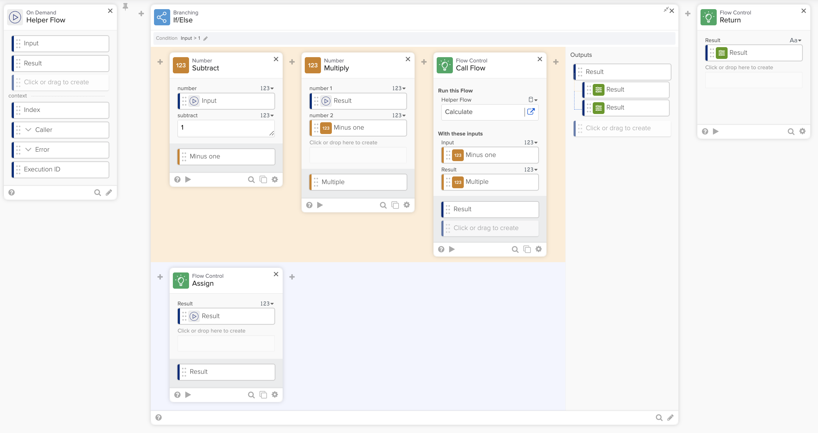 The helper flow calls itself to calculate the factorial