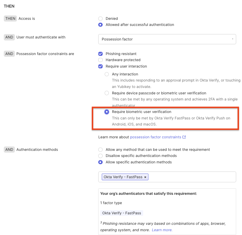 "Require biometric user verification" option