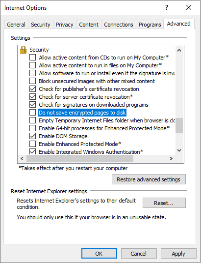 Do not save encrypted pages to disk option