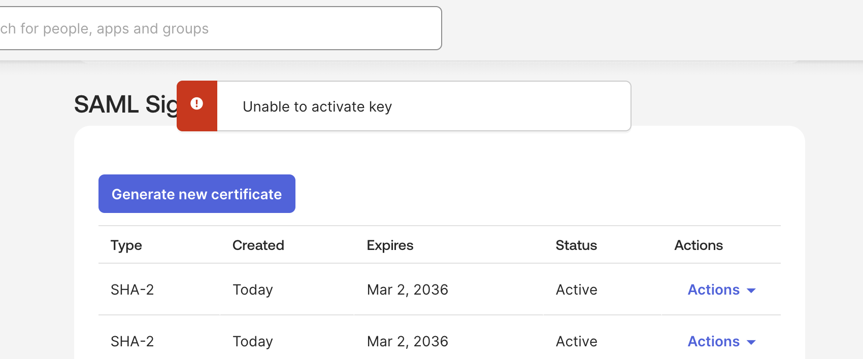 Unable to activate key