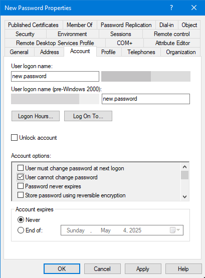 "User cannot change password option" being checked