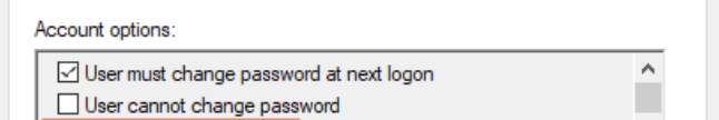 "The user must change password at next logon" option