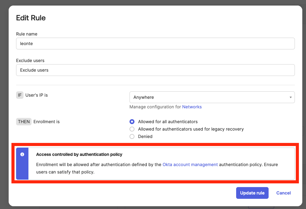 Okta account management authentication policy