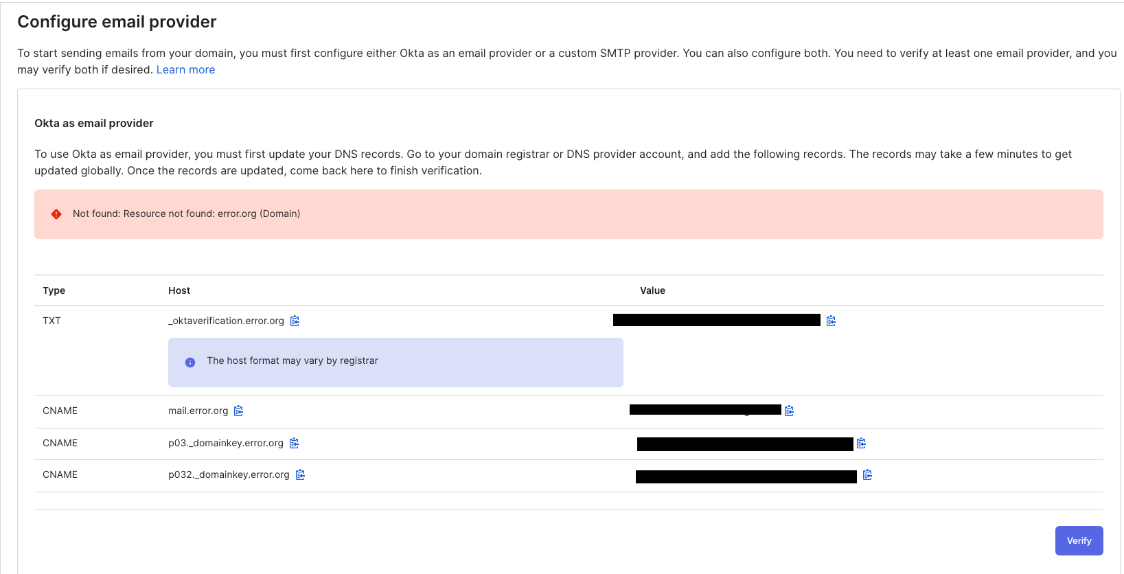 Resource not found error when configuring custom email sender