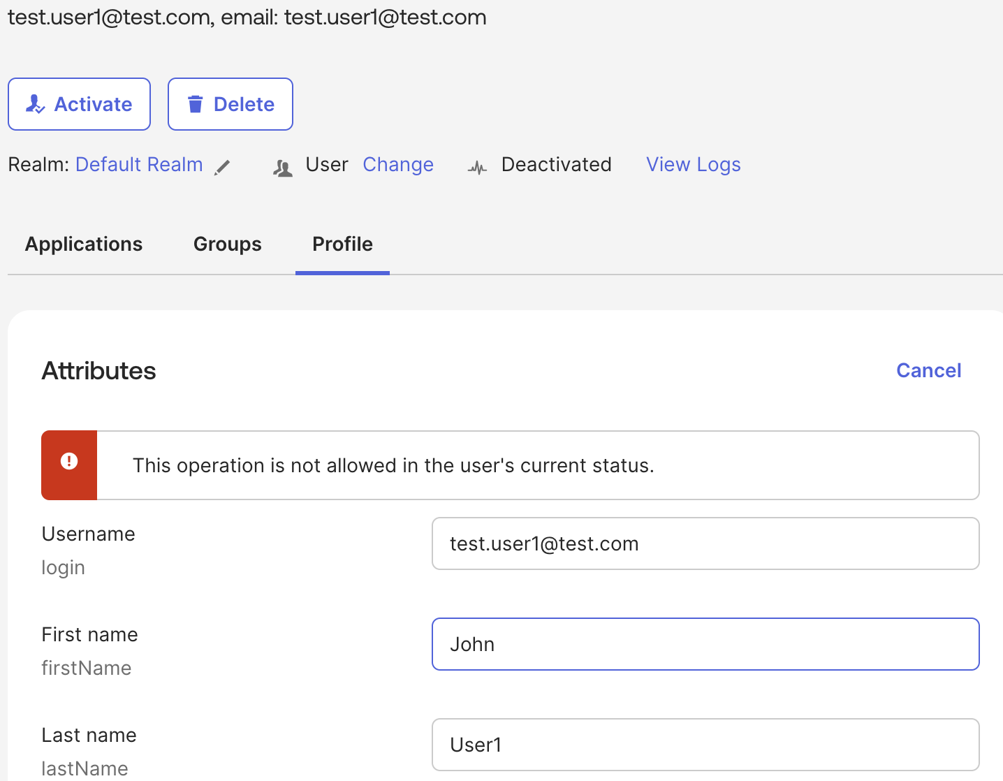User Profile with Deactivated Status