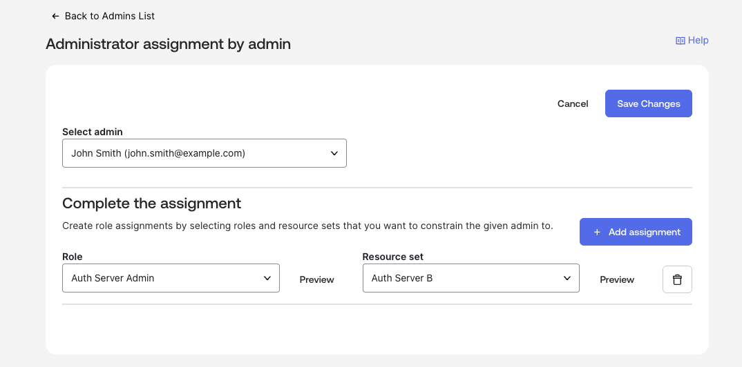 Assign admin the Auth Server Admin role, scoped to the Auth Server B resource set