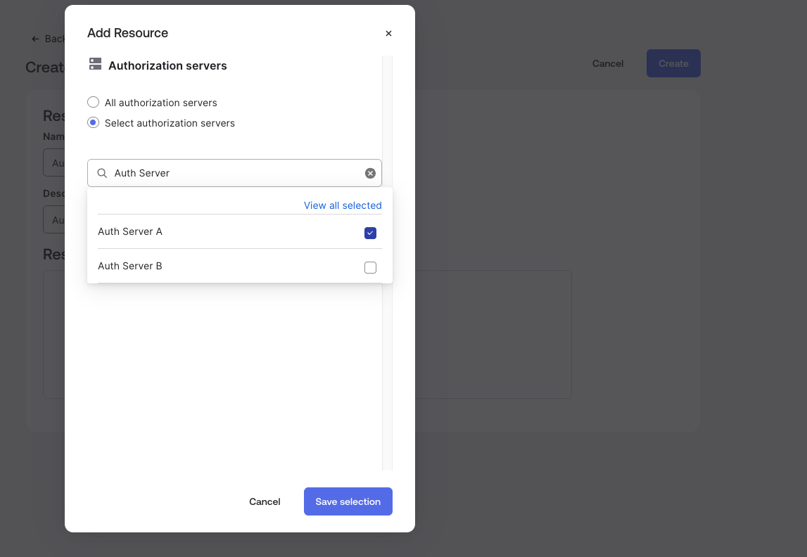 Add resource, Select authorization servers