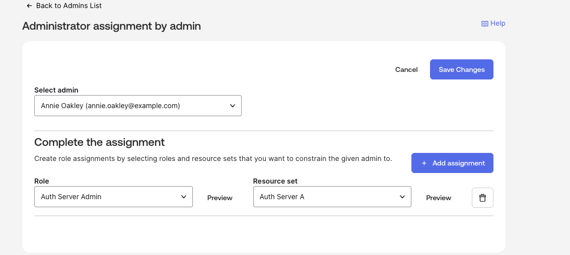 Assign admin the Auth Server Admin role, scoped to the Auth Server A resource set