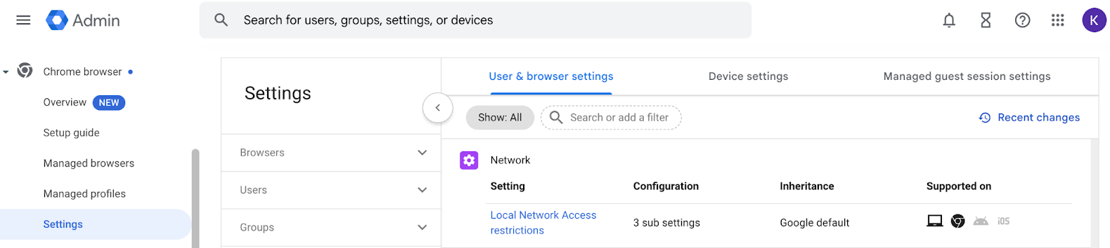 Local Network Access restriction settings in Google Admin console